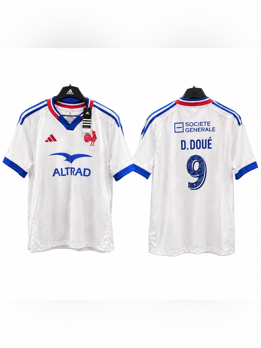 Adidas D.DOUE White Jersey with Blue Stripes and Red Crest